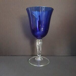 Cristal d'Arques Durand Sapphire Goblet 7 5/8" Cobalt Blue Clear Stem France